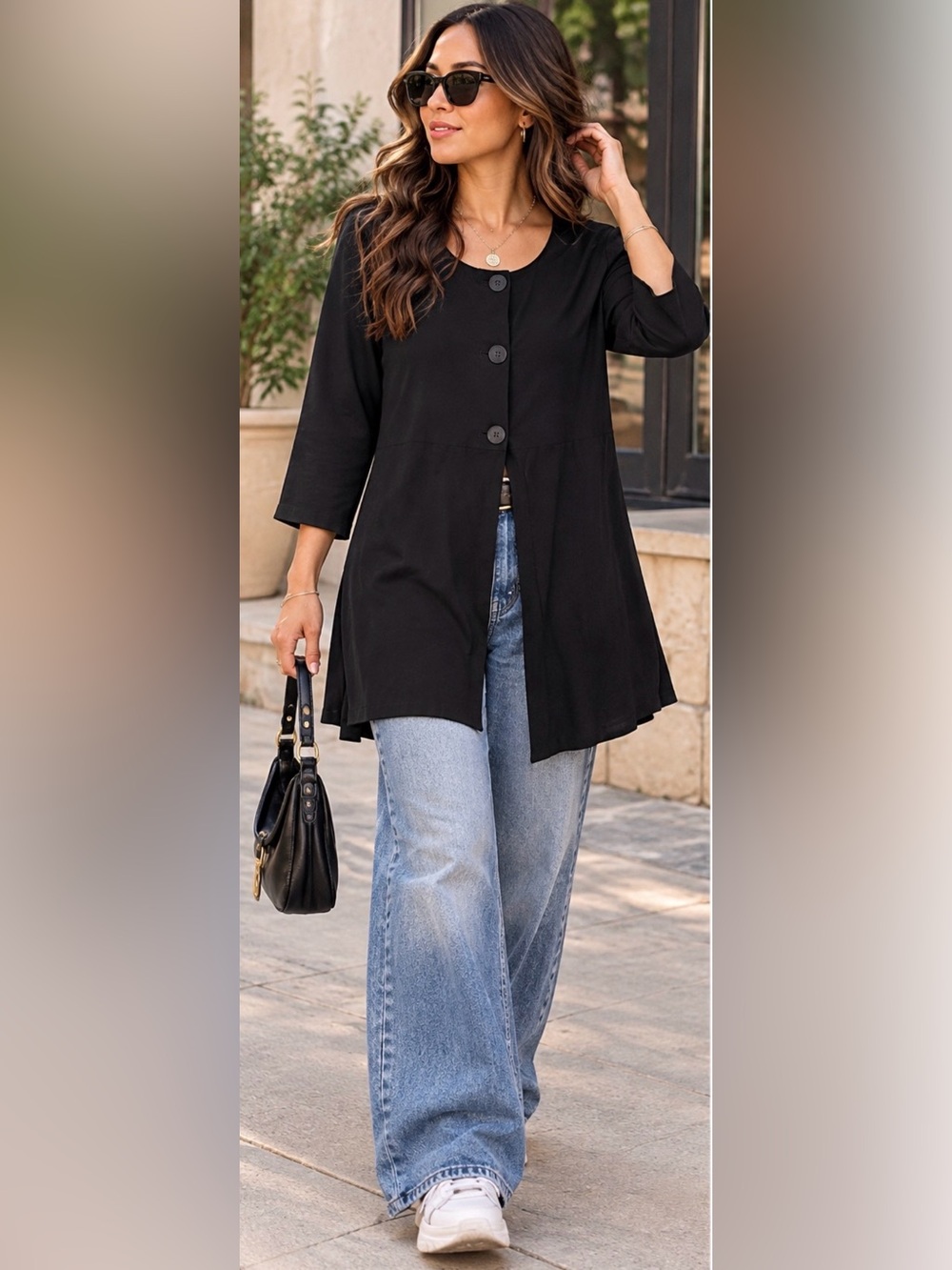 Eileen Fisher Black Button Front 3/4 Sleeve Tunic Top Side Pockets Medium USA